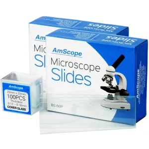 AmScope 100 Pre-Cleaned Blank Microscope Slides and 100 22x22mm Square Cover Glass