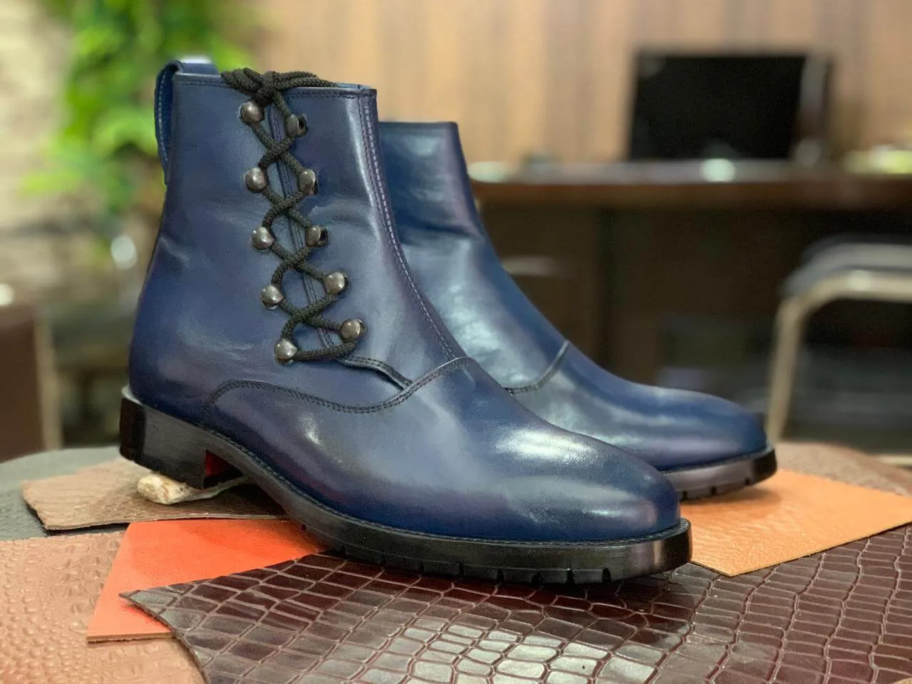 Men's Ankle High Blue Side Lace Up Boot, Plain Toe Boot, Leather Boot