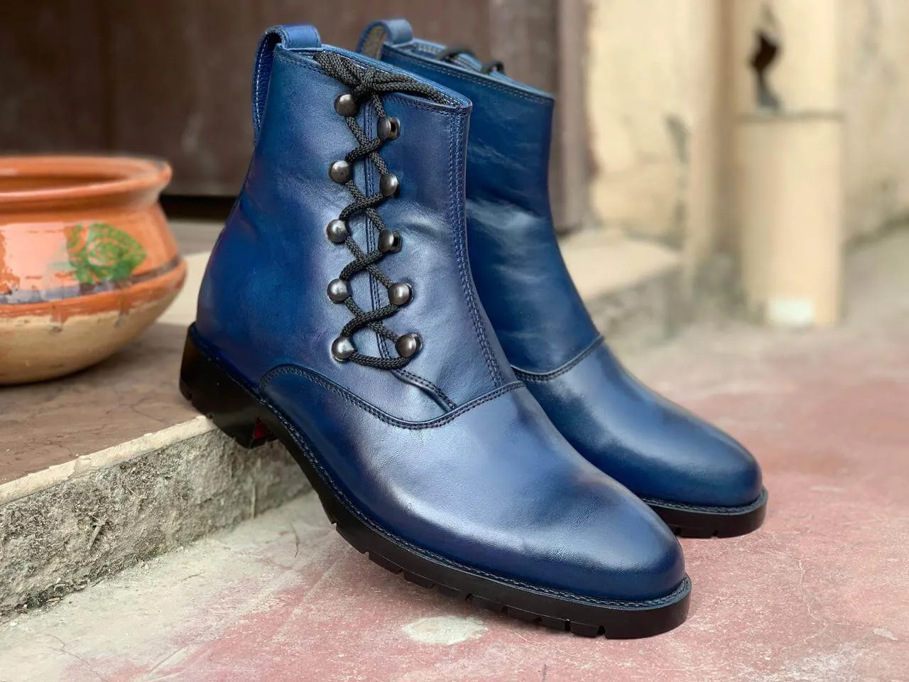 Men's Ankle High Blue Side Lace Up Boot, Plain Toe Boot, Leather Boot