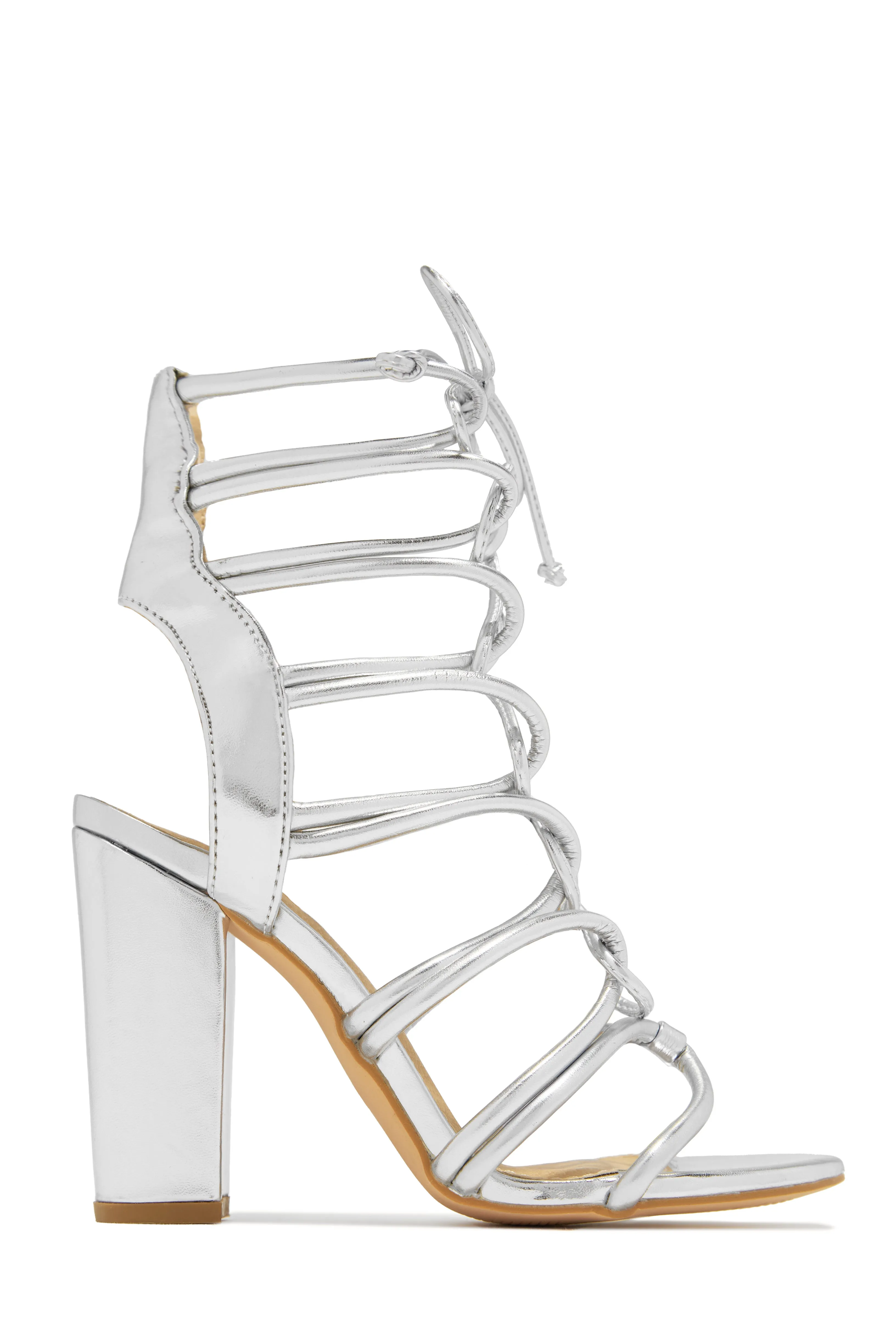 Miami Vibes Lace Up Block High Heels - Silver