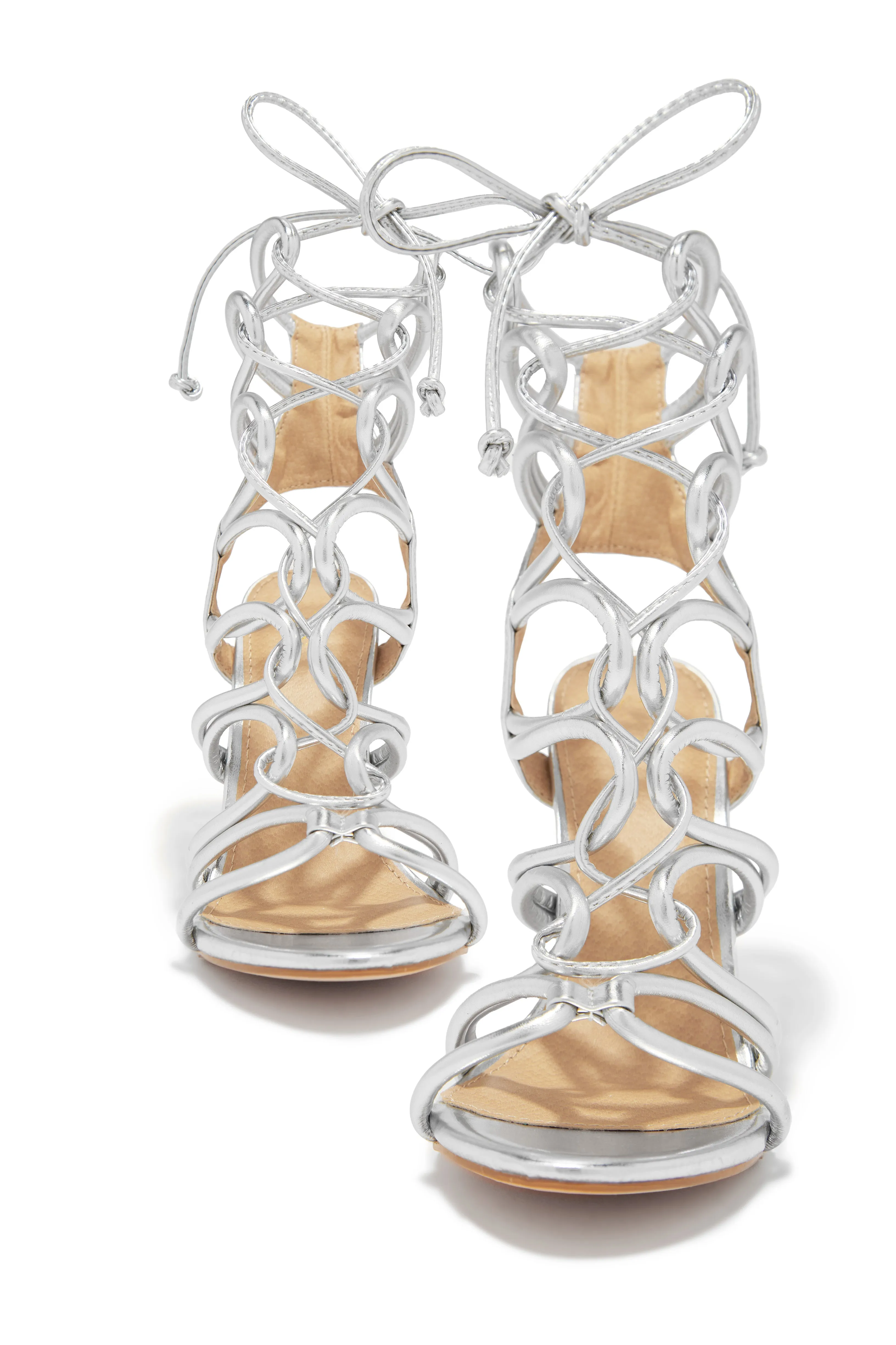 Miami Vibes Lace Up Block High Heels - Silver